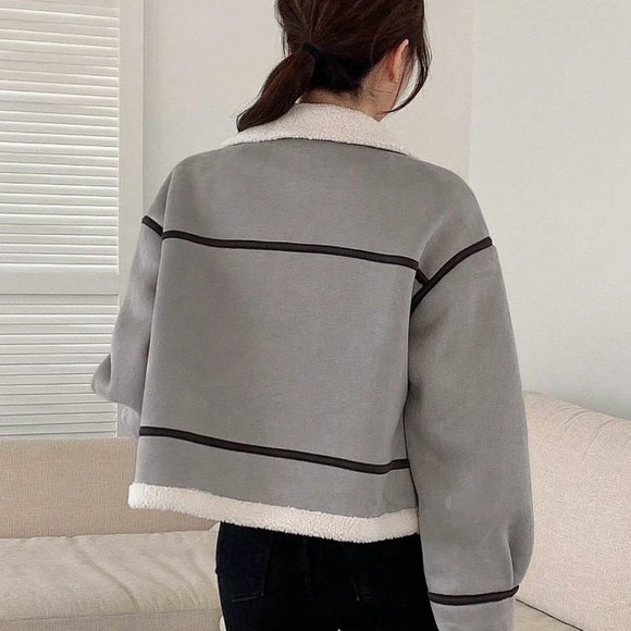 Grey Casual Womens Buckled Detail Drop Shoulder Teddy Lined Zip Up Jacket - Picture 5 of 5